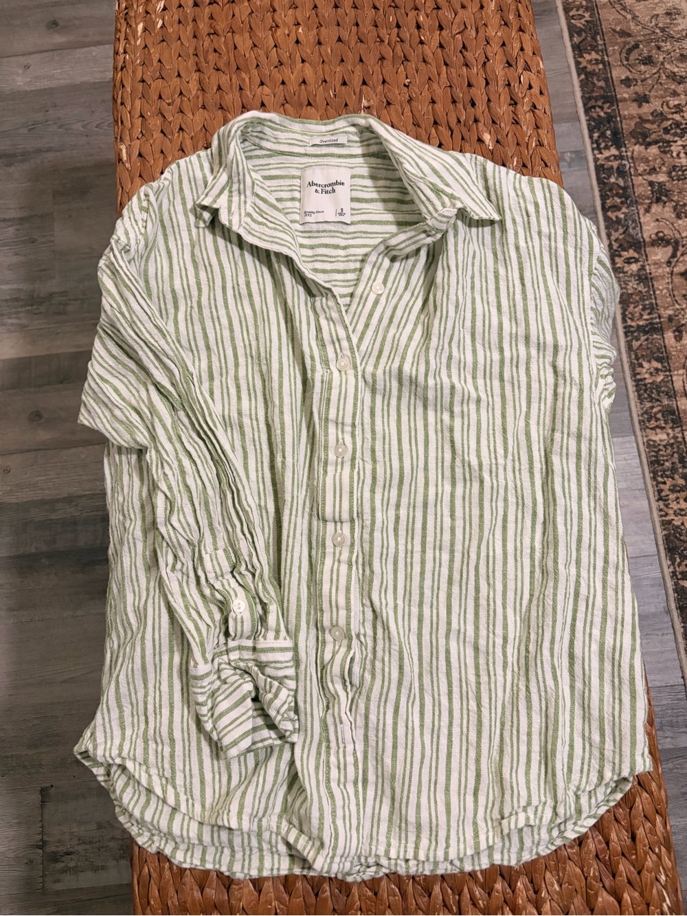 Abercrombie & Fitch Women’s Oversized Green Striped Linen Button-Up Shirt